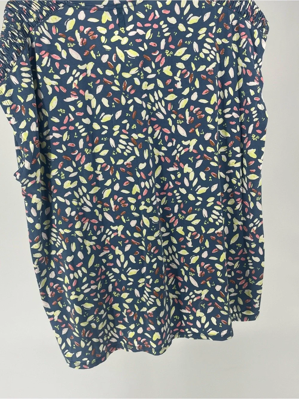 L.L. Bean Navy V-Neck Cap-Sleeve Top with Pink and Lime Leaf Print